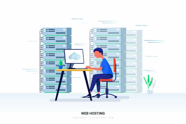 graphic of person sitting at their computer in front of servers. "Web Hosting" can be seen at the bottom.